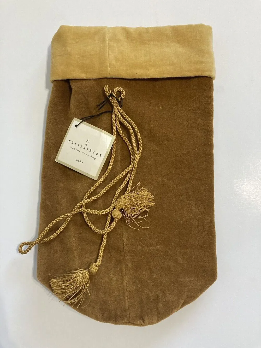 Pottery Barn Golden Velvet Wine Gift Bag Carry Sleeve With Tassle 100% Cotton